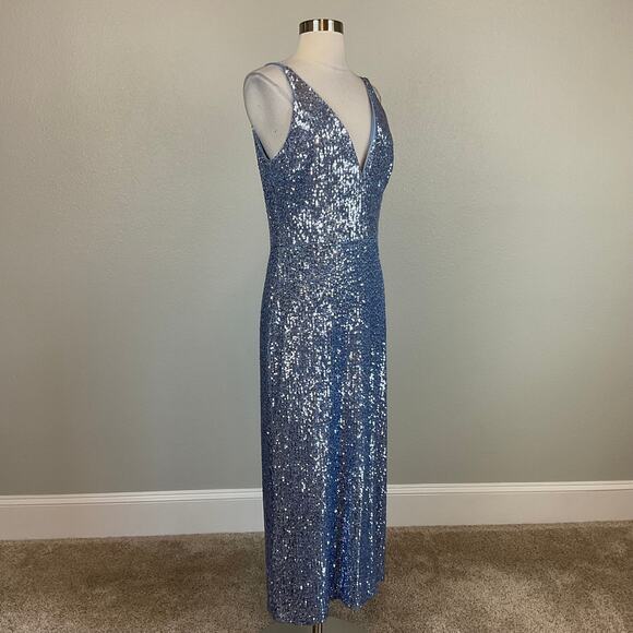 XSCAPE Sequined Midi Sheath Cocktail Dress Blue Size 6 Sleeveless V-Neck - Picture 2 of 14